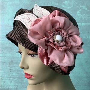 Custom brown pink sisal straw cloche hat